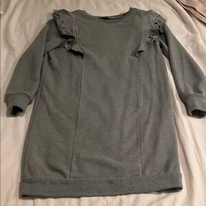 Express Gray Long Sleeve Ruffle Shoulder Dress